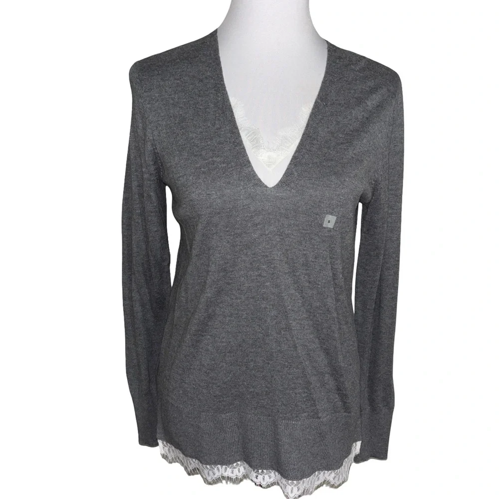 LOFT Gray V Neck Sweater with Lace Trim